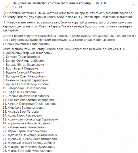 Медведчук, Левочкин, Кива и другие: НАПК обнародовало список нардепов, оспоривших в КС «незаконное обогащение»